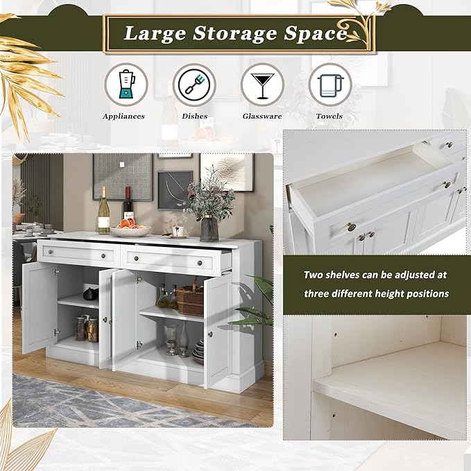Farmhouse Vintage Console Table Sofa Table with 2 Drawers and Adjustable Shelves, Solid Wood Buffet Sideboard Storage Cabinet for Entryway Living Room Kitchen Dining Room (Antique White)