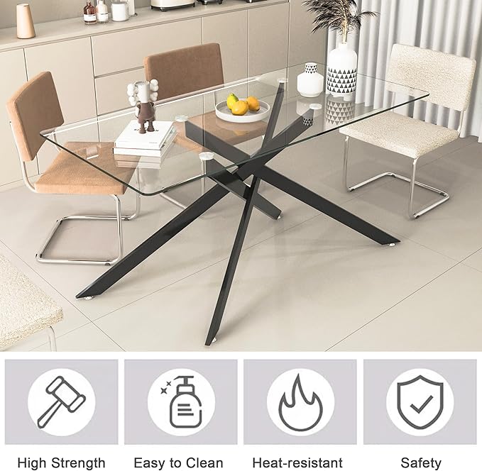 Modern Glass Dining Table Set for 6, Black Glass Kitchen Table and Chairs Set of 6, 7 Piece Dining Room Table Set with 61" Rectangular Metal Glass Dinner Table and 6 Grey Leather Dining Chairs