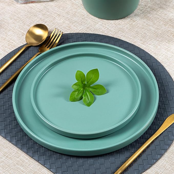 Dinnerware Sets for 4 - CJDC-QUELO 12-Piece Stoneware Plates and Bowls Sets, Ceramic Dishware Sets for Kitchen Use and Formal Dining, Chip and Scratch Resistant Microwave Dishwasher Safe, Green