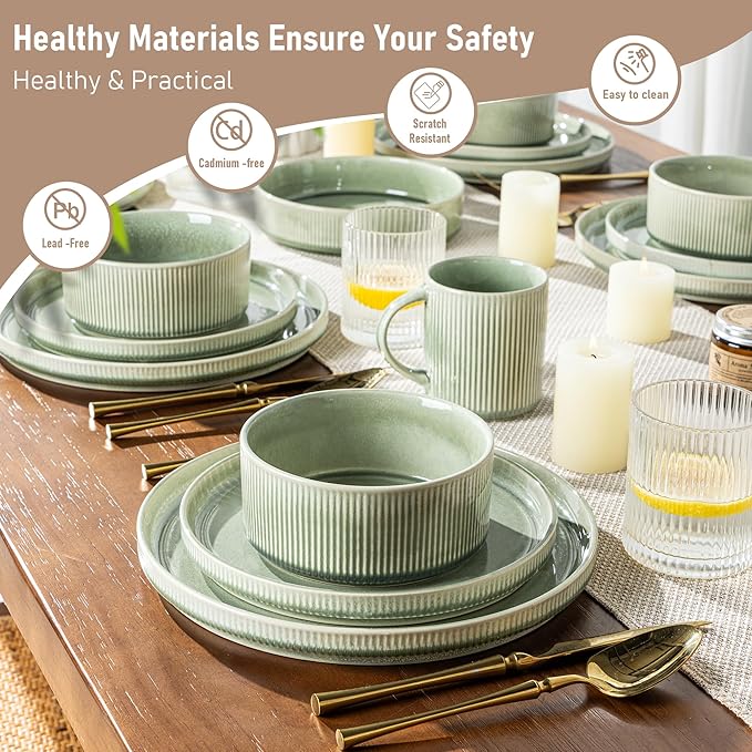 GBHOME Stoneware Dinnerware Sets for 8,Round Reactive Glaze Ceramic Plates and Bowls Set,Highly Scratch Resistant | Dishwasher & Microwave Safe Dishes Set,Service for 8(24pcs)，Light Green