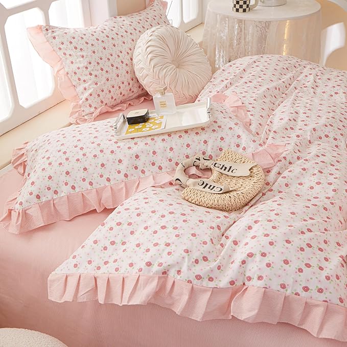 EAVD French Style Garden Pink Floral Comforter Set Full Girls Fluffy Soft Microfiber Chic Shabby Floral Bedding Set with 2 Pillowcases Fresh Ruffled Botanical Comforter Set for All-Season