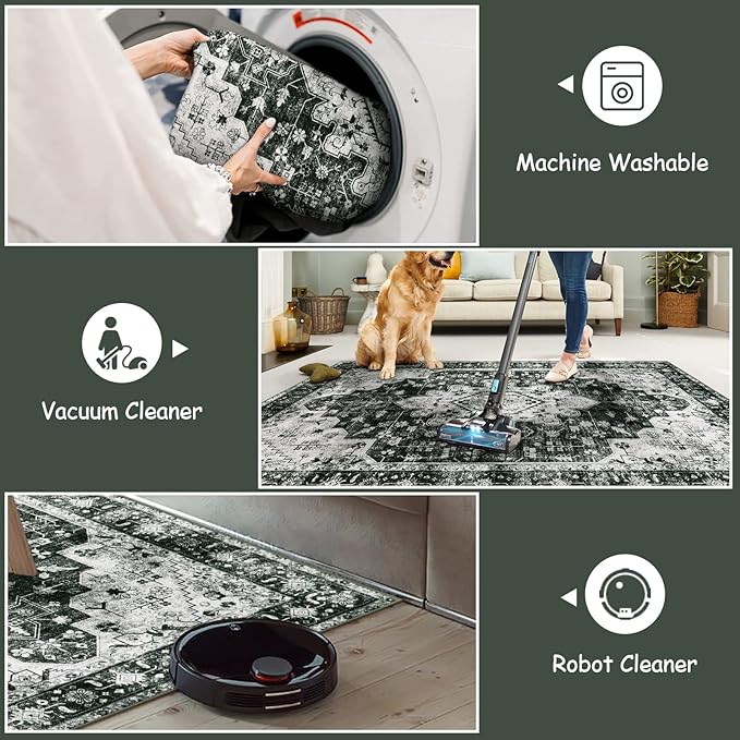 Moynesa Ultra-Thin Washable Vintage Runner Rug - 2'6"x8 Hallway Runner Non-Slip Non-Shedding Stain Resistant Kitchen Mat Boho Oriental Medallion Laundry Carpet for Entrance Bedside, Black/White