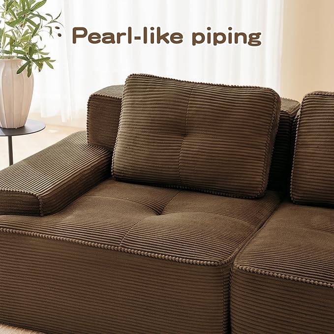 115" Modern Compressed Boneless Couch with Ottoman, 3 Seater Large L Shaped Sectional Couches for Living Room, Brown Corduroy Cloud Modular Sectional Sofa, Memory Foam, Extra Deep, No Assembly