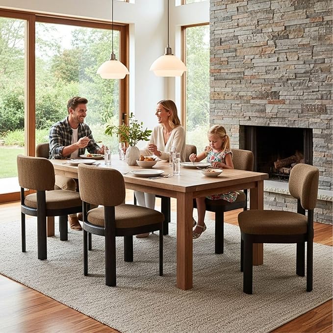 Modern Brown Upholstered Dining Chairs Set of 4 Wooden Side Chairs with Curved Backrest and Black Legs for Kitchen Island, Dining Room