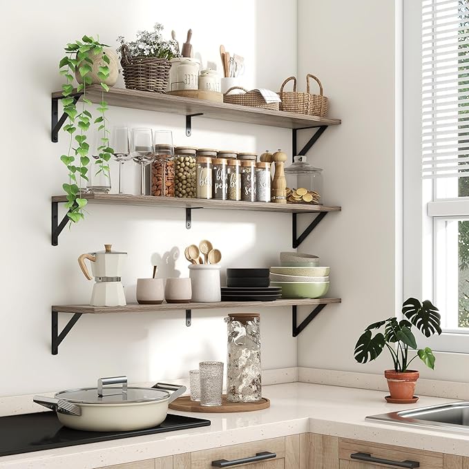 Axeman Floating Shelves for Wall 40 Inch | 39.4W x 8D Rustic Grey Wood Floating Shelves Set of 2 | 8" Deep Long Wall Shelves for Bathroom Kitchen Living Room | Bookshelf Display Shelves