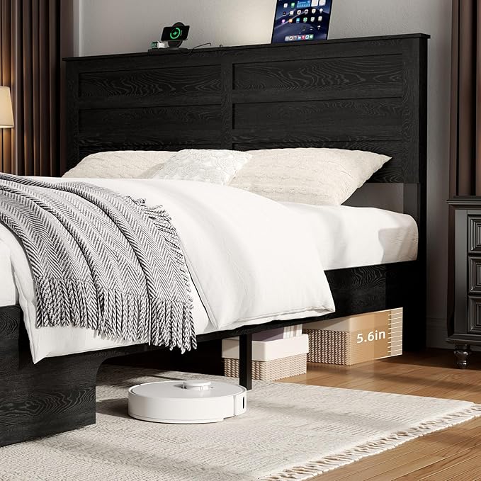 Wooden Bed Frame Queen Size with Headboard & Sliding Barn Door Storage Footboard, Farmhouse Platform Bedframe with Charging Station, No Box Spring Needed (Black, Queen)