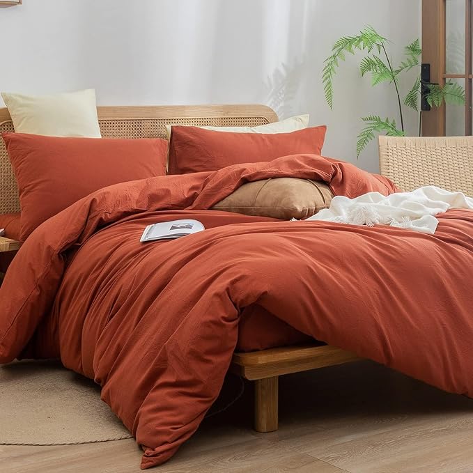 BESTOUCH Duvet Cover Set 100% Washed Cotton Linen Feel Super Soft Comfortable Chic Lightweight 3 PCs Home Bedding Set Solid Burnt Brick Red Oversized Full