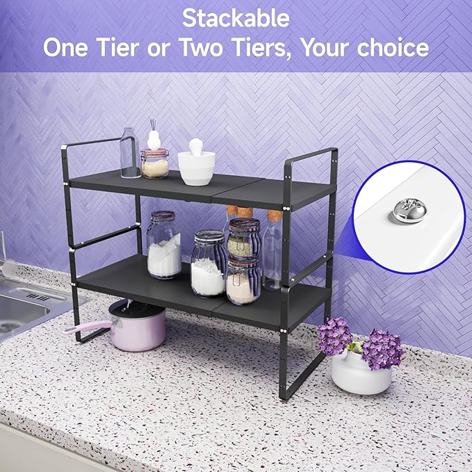 2Pack 16.5-27’’L Expandable Cabinet Countertop Shelf Organizer, Stackable Metal Shelves, Kitchen Organizers and Storage, Black Storage Spice Rack for Pantry and Cupboard
