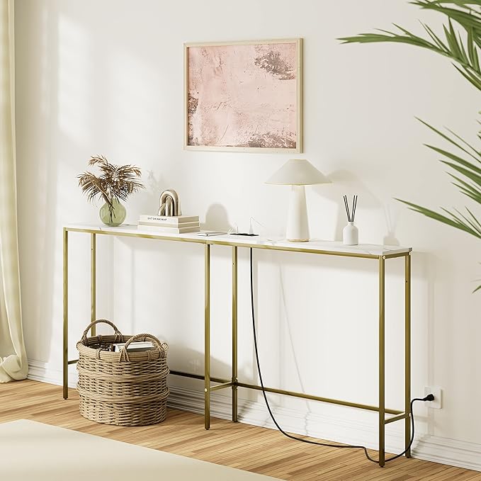 70.9 Inch Console Table with Power Outlet,Modern Narrow Long Sofa Table Behind Couch,Skinny Entry Table with Gold Metal Frame for Entryway,Living Room, Hallway,Marble White