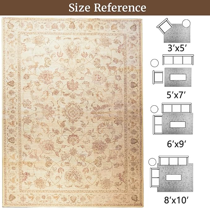 5x7 Soft Washable Area Rugs for Living Room and Bedroom, Non-Slip Stain Resistant Indoor Carpet, Cozy Floor Mat for Dining Room, Office, Under TableStain Resistant Persian Beige Floral