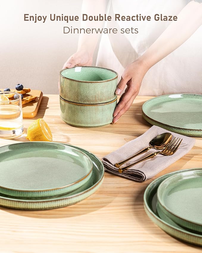 GBHOME Stoneware Dinnerware Sets for 4,Round Reactive Glaze Ceramic Plates and Bowls Set,Highly Scratch Resistant | Dishwasher & Microwave Safe Dishes Set,Service for 4(12Pcs),Pastel Green