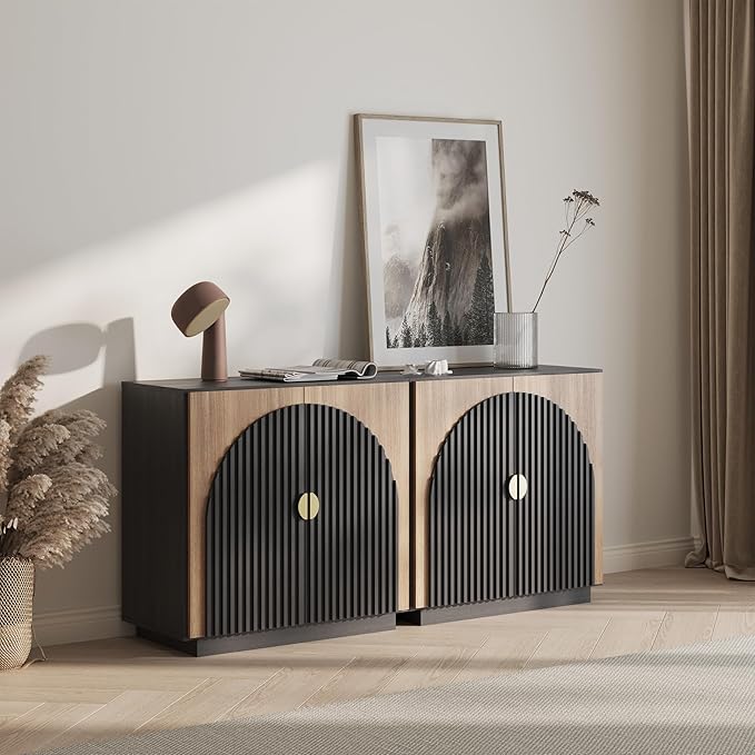 BELLEZE Set of 2 Modular Fluted Sideboard Buffet Cabinet with Storage, Mid-Century Modern Console Table with Symmetrical Arched Doors, Elegant Credenza for Dining Room, Kitchen, and Living Room, Camel