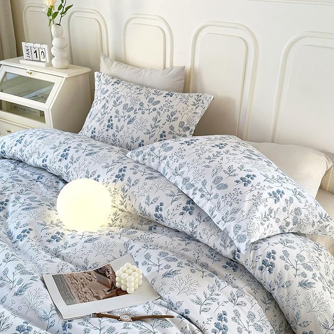 EAVD Boho Blue Floral Comforter Set King White Soft Washed Microfiber 3-Piece Garden Cute Floral Bedding Comforter Set with 2 Pillowcases Chic Fresh Garden Botanical Pattern Bedding Set for All-Season