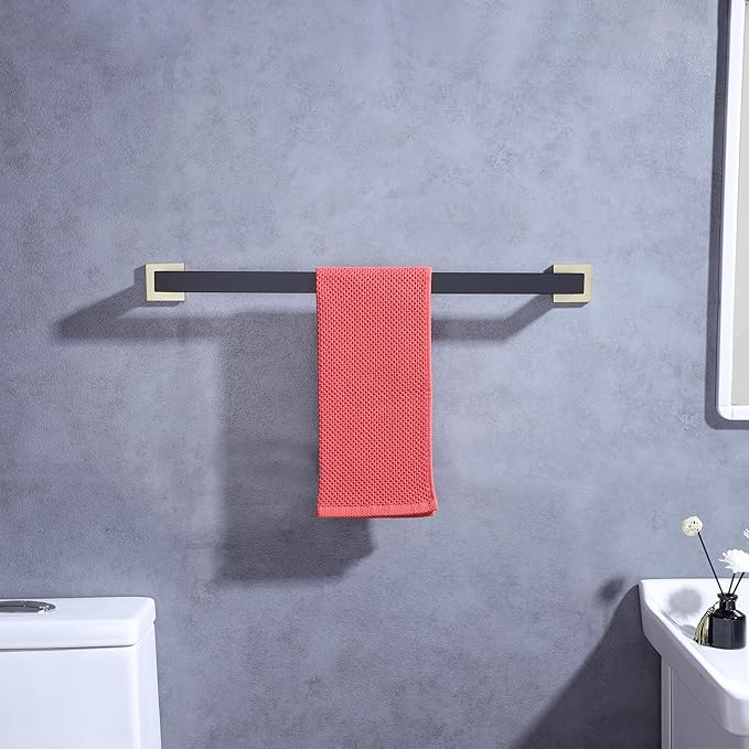 LANC Bath Towel Rack, Matte Black and Gold Towel Rail Bathroom Towel Bar Towel Hanger Square Towel Rod Towel Rail 24-Inche Kitchen Towel Holder Wall Mounted SUS304 Stainless Steel,A8804GK-6P1