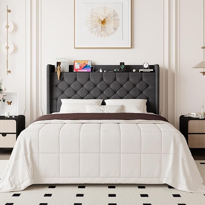 Allewie Queen Size Bed Frame, Storage Headboard with Charging Station, Wingback Linen Upholstered, Diamond Stitched Button Tufted, Sturdy Wooden Slats, No Box Spring Needed, Easy Assembly, Dark Gray