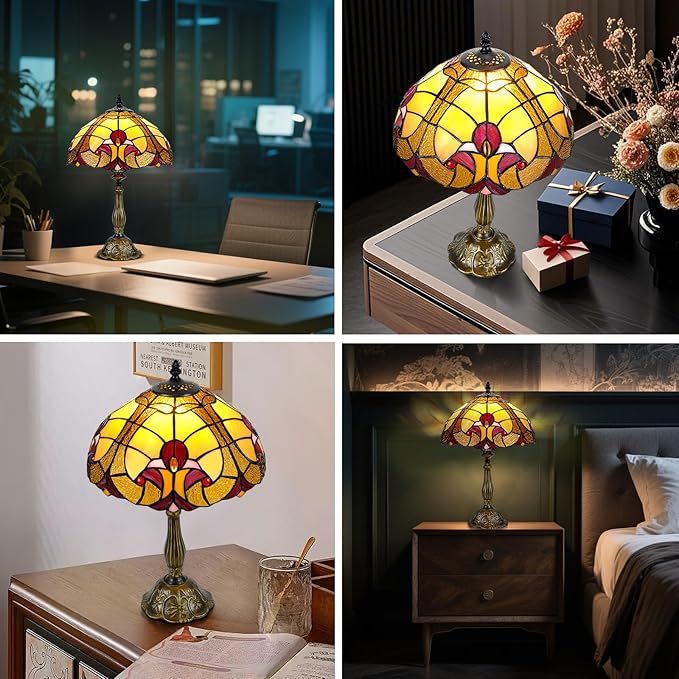 Majestic 12-Inch Tiffany Style Table Lamp,Handcrafted Baroque Stained Glass Lamp with 9W LED,Grand Tiffany Lamps for Living Room, Dining Room, Luxury Home Decor.