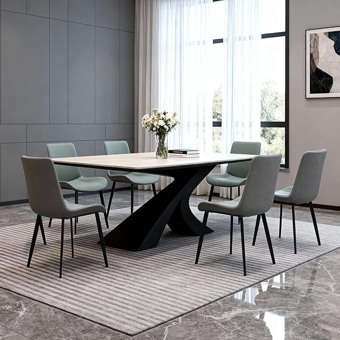 Dining Chairs, Modern PU Leather Dining Room Chair with Sturdy Metal Legs, Upholstered Seat Dinner Chairs Accent Side Chairs for Indoor Kitchen Living Room Restaurant (Green & Dark Grey, Set of 6)