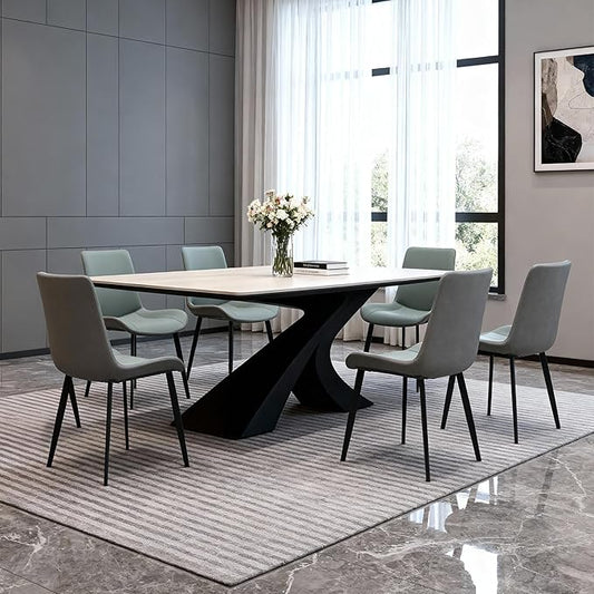 Dining Chairs, Modern PU Leather Dining Room Chair with Sturdy Metal Legs, Upholstered Seat Dinner Chairs Accent Side Chairs for Indoor Kitchen Living Room Restaurant (Green & Dark Grey, Set of 6)