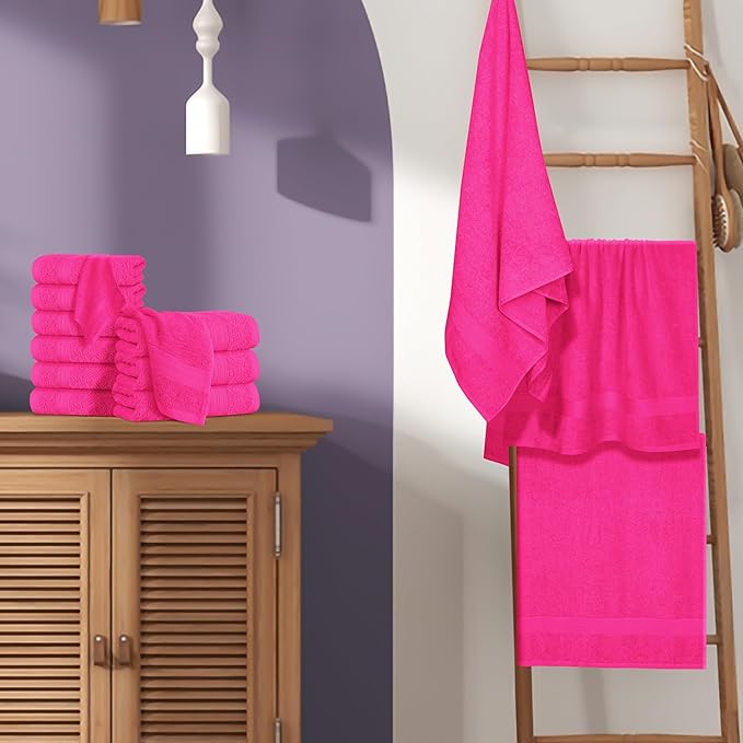BOUTIQUO 24 Pack Cotton Towel Set, Contains 6 Bath Towels 27x54 inch, 6 Hand Towels 16x24 inch & 12 Wash Coths 12x12 inch, Ideal Everyday use, Ultra Soft Compact & Lightweight - Hot Pink