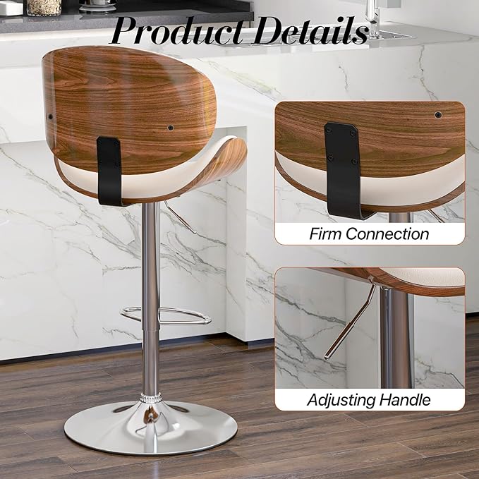 Adjustable Swivel Bar Stools Set of 3, Modern Bentwood Barstool with Large Metal Base and Footrest, PU Leather Upholstered Bar Chair with Curved Back for Kitchen Island Dining Room, White