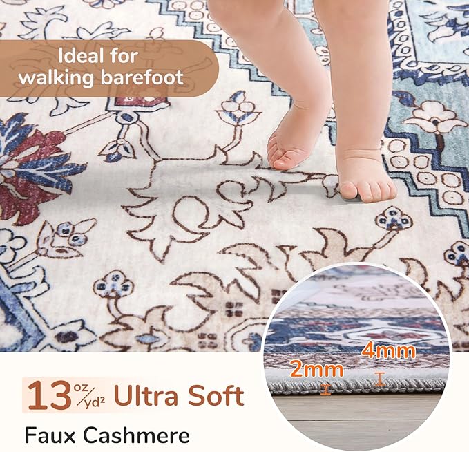 OPPODREAM Thin Entryway Rug 2x6, 2x6 Rug Runner, Washable Hallways Carpet 2 x 6 with Non Slip Backing, Low-Pile Bedside Carpet 2 x 6, Long, Faux Cashmere, Navy Blue & Red & Cream
