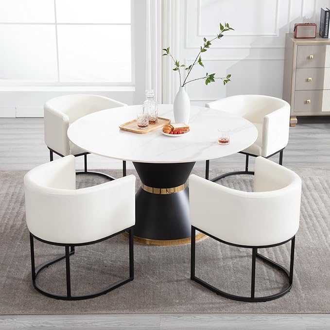 Faux Leather Dining Chairs Set of 6 Modern Barrel Arm Chairs with Black Metal Frame, Upholstered Kitchen Chairs 18.5" Wide Accent Chairs for Living Room Dining Room Restaurant, White