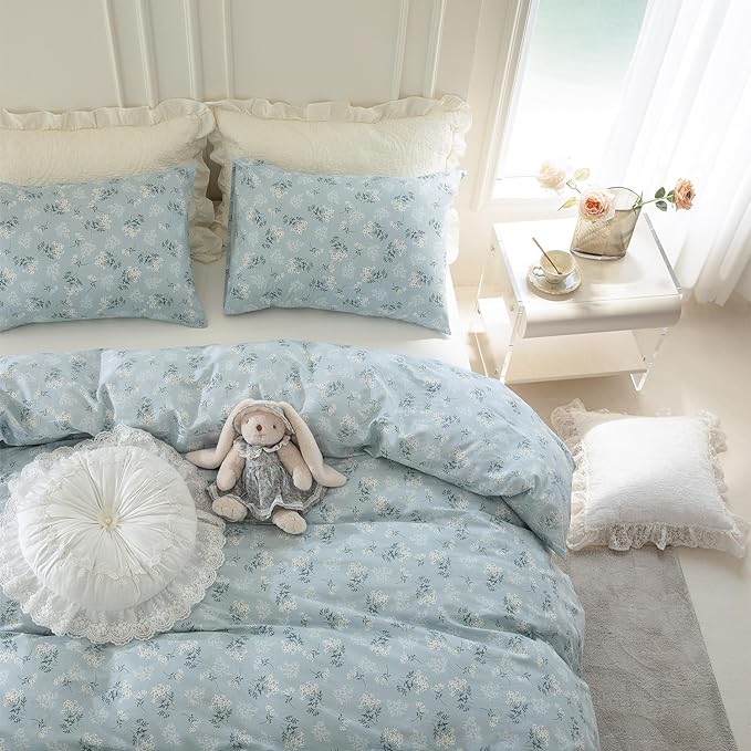 Queen Floral Comforter Set 3 Pieces Soft Bedding Comforter Set Garden Style Blue Floral Botanical Flower Comforter Set for All Seasons 1 Comforter and 2 Pillowcases