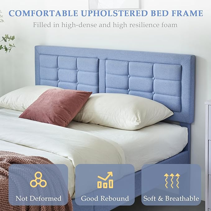 VECELO Full Size Bed Frame with Adjustable Headboard, Upholstered Button Tufted Platform Bedframe with Wood Slats Support, No Box Spring Needed, Light Blue