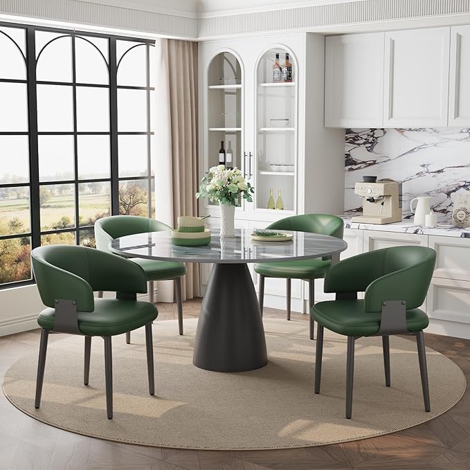 Modern Dining Chairs Set of 4, Faux Leather Upholstered Kitchen Chairs with Curved Back and Metal Legs, Mid Century Chairs for Dining Room, Kitchen, or Café (Green)