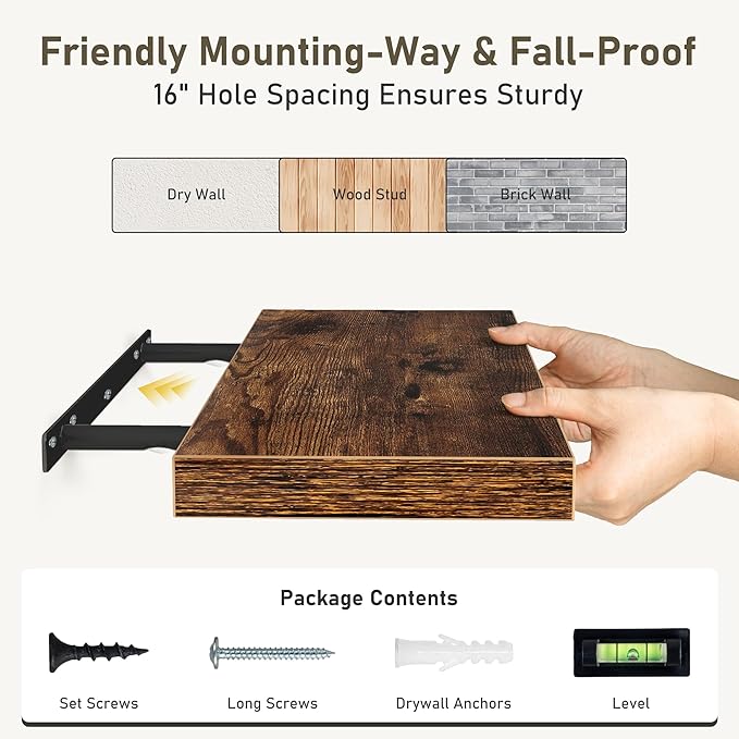 Floating Shelves Wall Shelf 48 Inch, 9.3 Inch Deep Floating Shelf, Farmhouse Black Wood Shelves Invisible Bracket for Living Room, Bedroom, Kitchen, 48 x 9.3 x 1.4 Inch, Set of 2, Rustic Brown