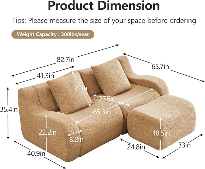 Camel Modular Cloud Couch Loveseat with 1 Ottoman, Teddy Fabric Boneless Sectional Sofa in a Box, Comfortable Floor Sofa for Living Room, No Assembly Required, Sofas para Sala
