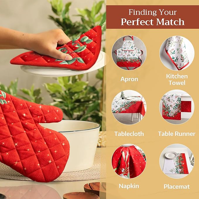 Maison d' Hermine Pot Holders Set 100% Cotton Heat Resistant Potholders 8" x 8" Hot Pads with Loop for Thanksgiving Christmas Decorations BBQ Cooking Baking Handling Hot Pans (Pack of 2, Noel)