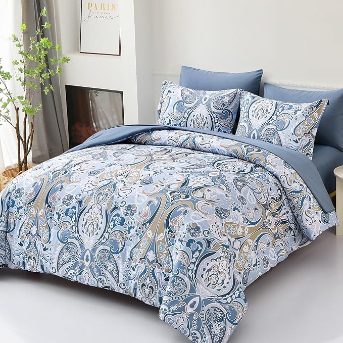 Drucon Blue Paisley Comforter Set King, 7 Pieces Bed in a Bag Boho Comforter Soft Microfiber Blue Paisley Bedding(1 Comforter, 1 Flat Sheet, 1 Fitted Sheet, 2 Pillow Shams, 2 Pillowcases)
