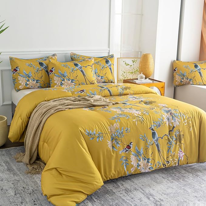 King Size Floral Comforter Soft Cute Floral Bedding Comforter Sets Garden Style Tree Branches Flowers Birds Print Botanical Comforter Set for All Seasons 1 Comforter and 2 Pillowcases