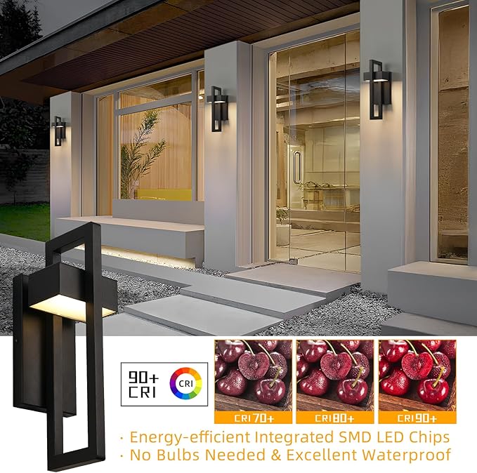 tewei 16.5'' Modern LED Outdoor Wall Sconce, Integrated LED Outdoor Light Fixtures Wall Mount Exterior Lights, Black Front Porch Outside Lighting for House, Backyard, Warm White 3000K, 2 Pack