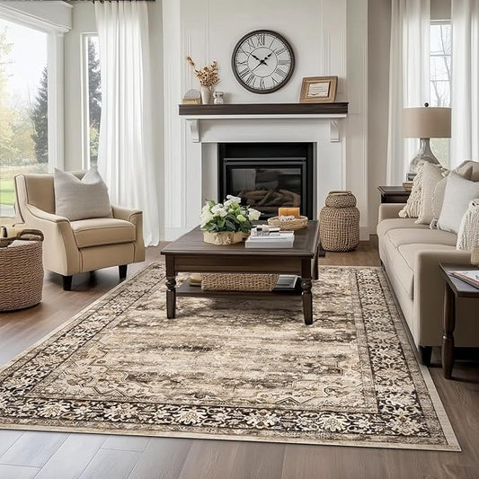 Hazel Brown 8x10 Area Rugs for Living Room Washable Non Slip Boho Rugs Soft Faux Fur Low Pile Stain Resistant Vintage Euro Floral Large Carpet Rug Aesthetic Retro for Bedroom Dining Room Family Room