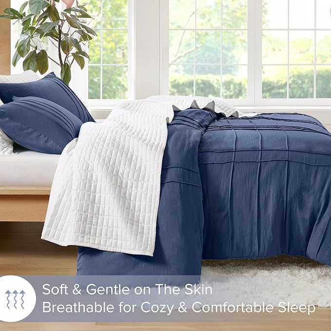 Comfort Spaces Navy King Size Comforter Set - 3 Pieces Pintuck Pleated Bedding Sets, All Season Lightweight, Extra Softness Pre-Washed Microfiber King Bed Set, Shams, King