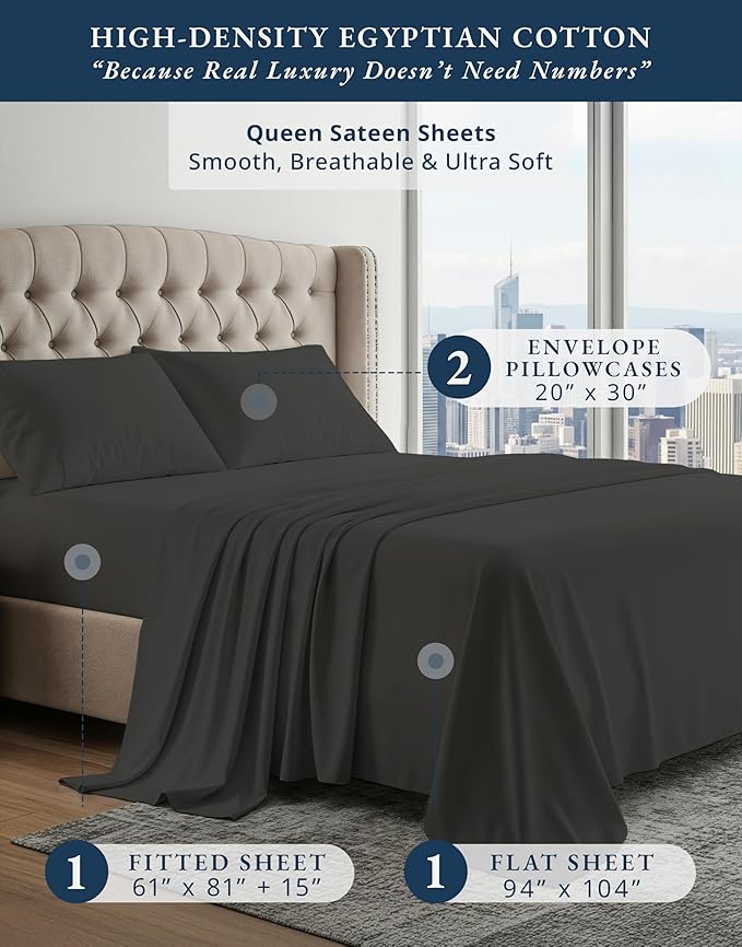 100% Egyptian Cotton Sheets Queen Size Bed Set – Naturally Cooling & Breathable Sateen Queen Sheets Set, Authentic Long-Staple Cotton for Lasting Softness, Snug Fit 15" Deep Pocket Fitted - Black