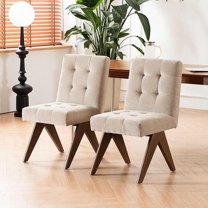 Rowill Modern Upholstered Dining Chairs Parsons Chair Linen Fabric Kitchen Chairs Tufted Armless Dining Room Chairs with Wood Legs Set of 4, Khaki