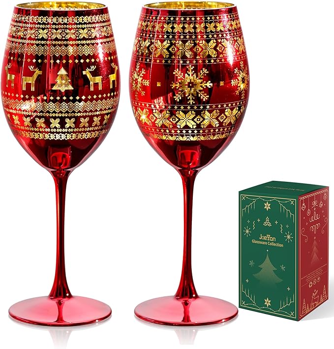 Joeyan Christmas Wine Glasses with Stem, 19.5 oz Large Burgundy Wine Glasses, Red Handmade Wine Glass Tumblers, Xmas Tree Elk and Snowflake Patterned, Set of 2, Great for Christmas and Gifts