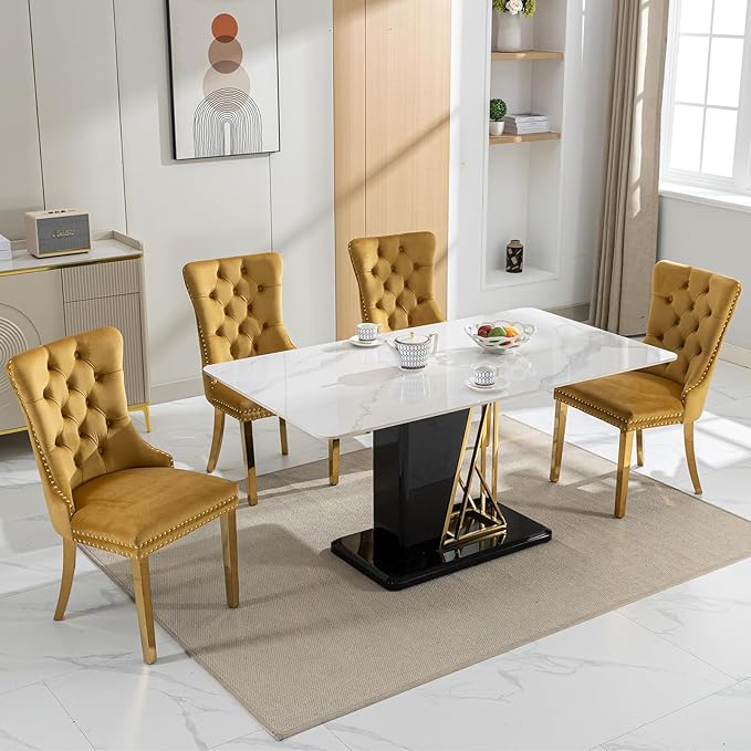 Luxury Upholstered Dining Chairs Set of 8, Yellow Kitchen Chair with Golden Metal Legs, Velvet Tufted Back Dining Chair, Sillas de Comedor, Modern Kitchen & Dining Room Chairs (Gold, 8 Pcs)
