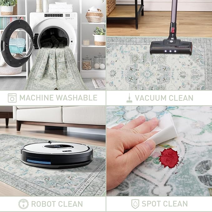 8x10 Soft Washable Area Rugs for Living Room and Bedroom, Non-Slip Stain Resistant Indoor Carpet, Cozy Floor Mat for Dining Room, Office, Under TableStain Resistant Green Floral