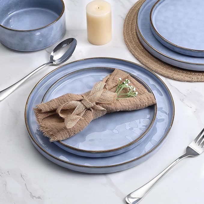 LIANYU Dinnerware Dish Sets for 2, 6 Piece Stoneware Plates and Bowls Sets, Kitchen Dinner Set for Dessert Salad Pasta, Microwave & Dishwasher Safe, Serenity Blue