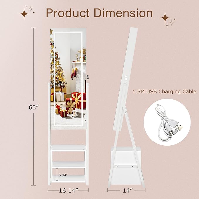 VECELO Jewelry Cabinet with Lights, 63" Full Length Mirror with Jewelry Storage, Lockable Standing Jewelry Mirror Cabinet, 3 Colors Mode, Powered By USB, White