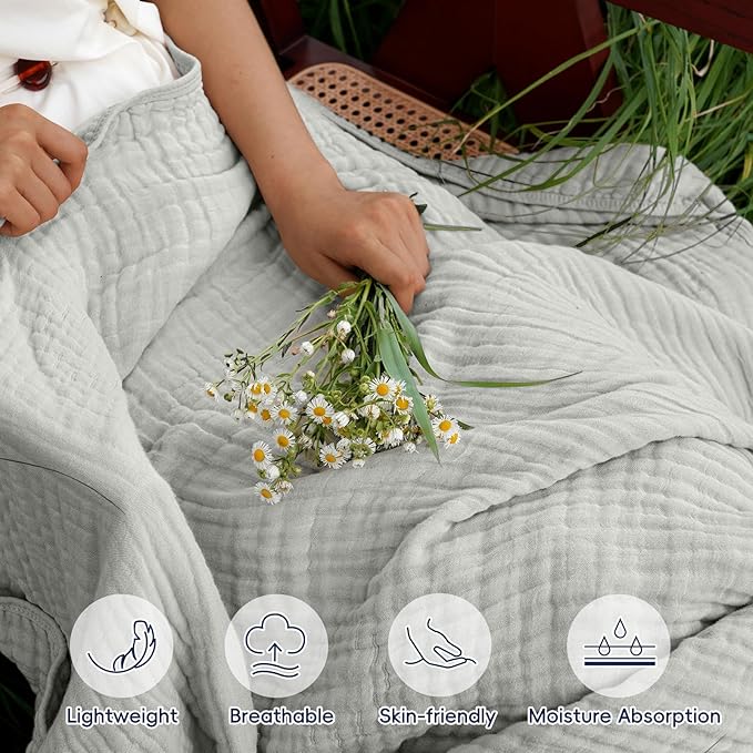 PHF Cooling Muslin Blanket Twin Size 60"x80", 6-Layer Lightweight Gauze Blanket Made from 35% Rayon Derived from Bamboo & 65% Cotton, Breathable & Ultra Soft Cozy, Aesthetic Home Decor, Harbor Mist