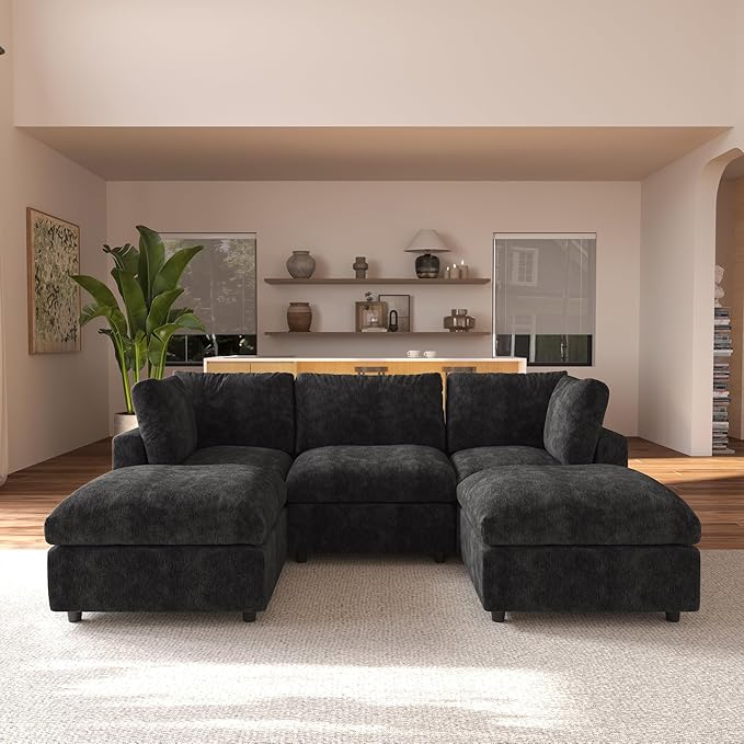 JACH U Shape Sectional Couches for Living Room, Convertible Modular Sofa with Ottomans, Cloud Sectional Couch, Sofa Covers Washable, Minimalist Couch for Living Room, Apartment, Black