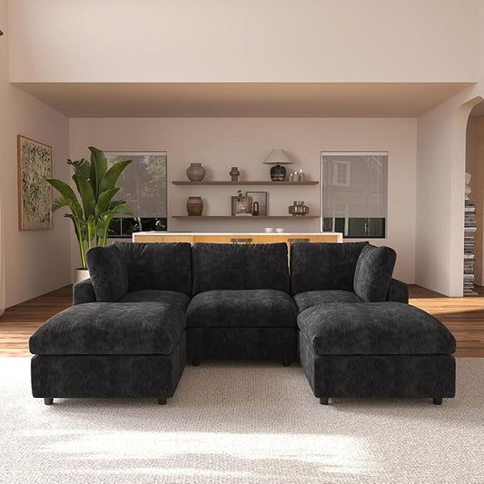 JACH U Shape Sectional Couches for Living Room, Convertible Modular Sofa with Ottomans, Cloud Sectional Couch, Sofa Covers Washable, Minimalist Couch for Living Room, Apartment, Black