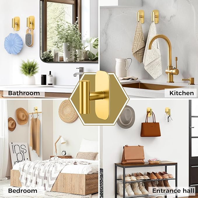 Adhesive Towel Hooks for Shower,Waterproof Heavy Duty Bathroom Hooks,Wall Mounted Sticky Hangers for Coats/Aprons/Robes,No Drilling(Gold,4 Pack)