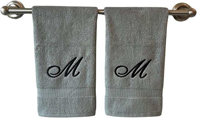 Gray Monogrammed Hand Towels for Bathroom - Luxury Hotel Quality Personalized Initial Embroidered Towel for Powder Room, Spa - GOTS Organic Certified - Set of 2 Black Letter M