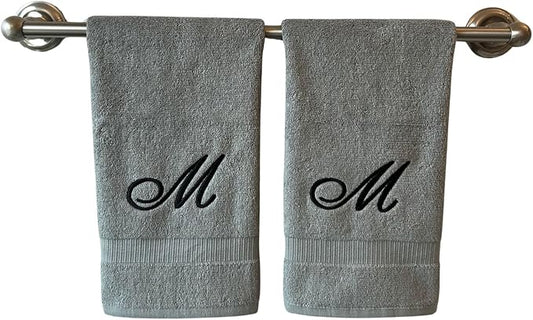 Gray Monogrammed Hand Towels for Bathroom - Luxury Hotel Quality Personalized Initial Embroidered Towel for Powder Room, Spa - GOTS Organic Certified - Set of 2 Black Letter M